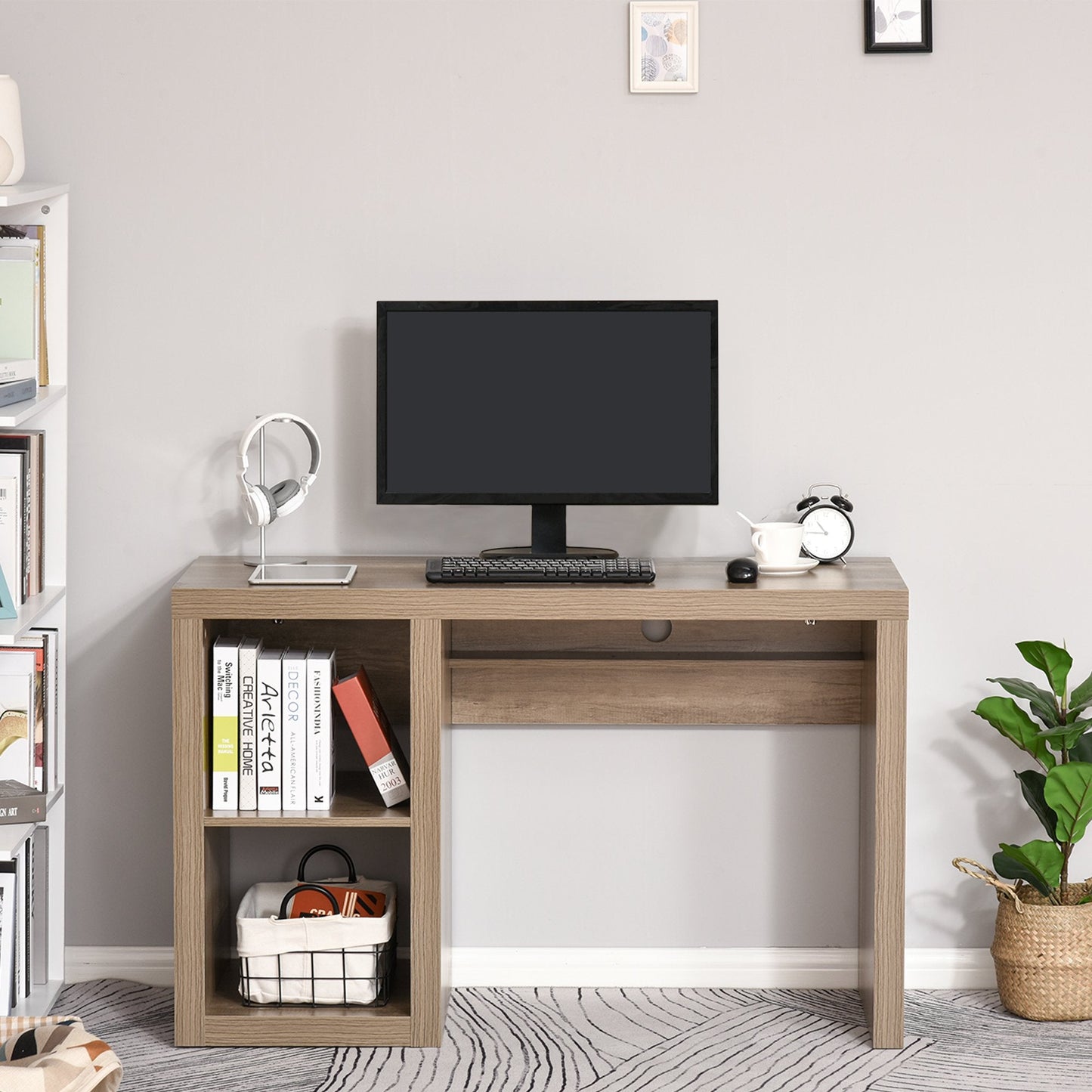 Rectangle Computer Desk Thick Board with Shelves Home Office Table, Wood Color