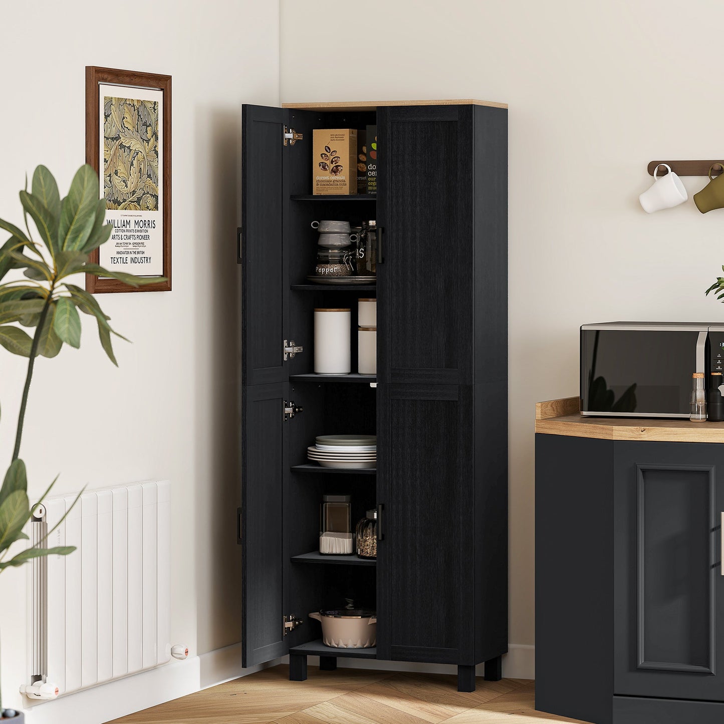 HOMCOM Freestanding Kitchen Cupboard, 4-Door Storage Cabinet with Adjustable Shelves, Modern Kitchen Pantry for Dining Room, 170cm, Black