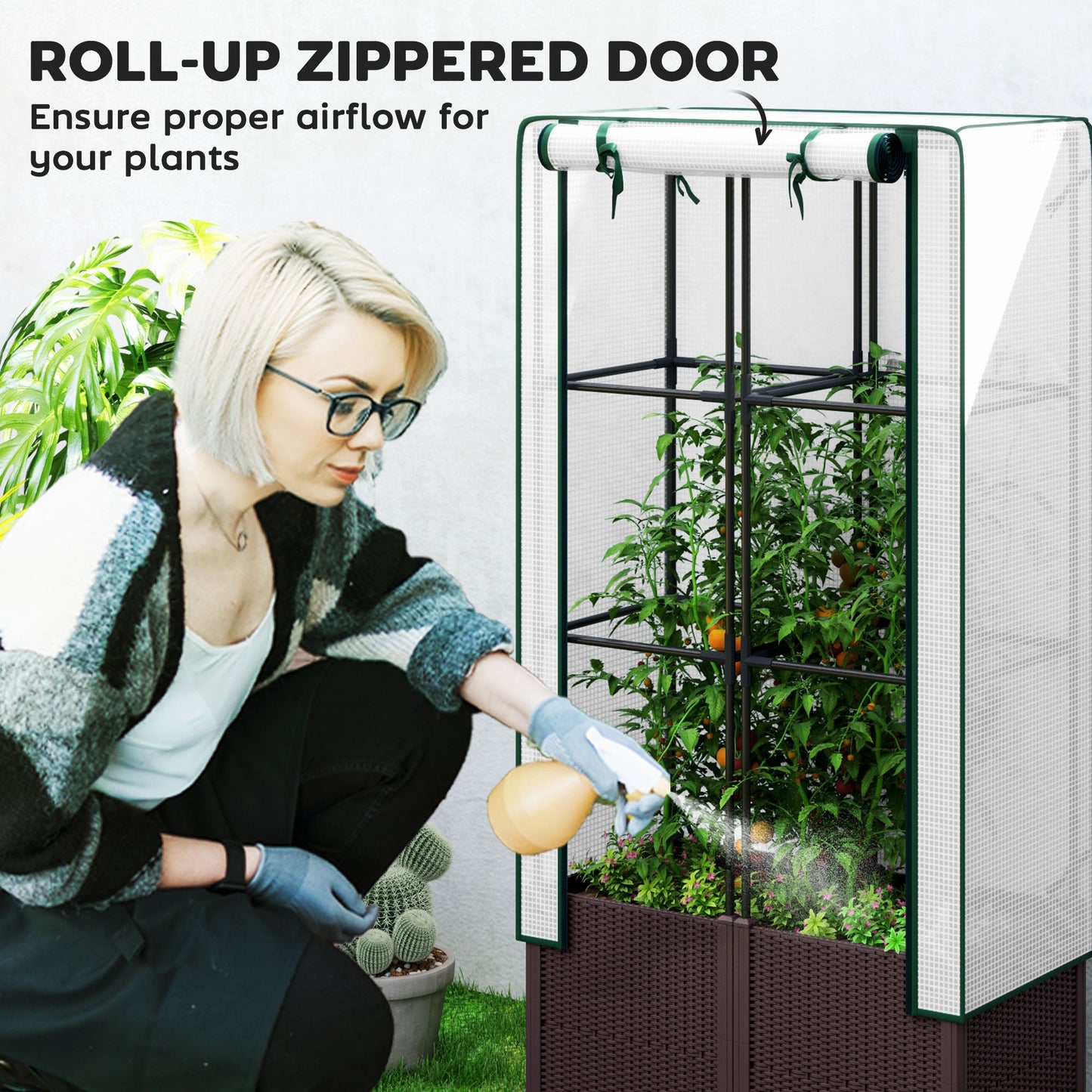 Outsunny Raised Garden Bed with Trellis, Plastic Planter Box with PE Cover, Drainage Holes and Drain Plugs for Climbing Plants, Vegetables, Flowers, 80 x 40 x 140 cm