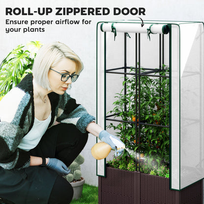 Outsunny Raised Garden Bed with Trellis, Plastic Planter Box with PE Cover, Drainage Holes and Drain Plugs for Climbing Plants, Vegetables, Flowers, 80 x 40 x 140 cm