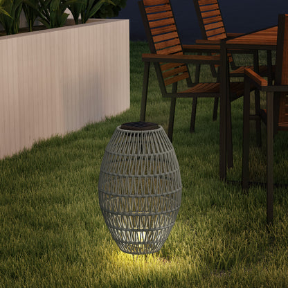 Lampa solarna Outsunny Rattan, ogrodowa lampa solarna z automatycznym włączaniem/wyłączaniem, wodoodporna IP44, dekoracyjna lampa zewnętrzna z rattanu na werandę i ścieżkę, szara