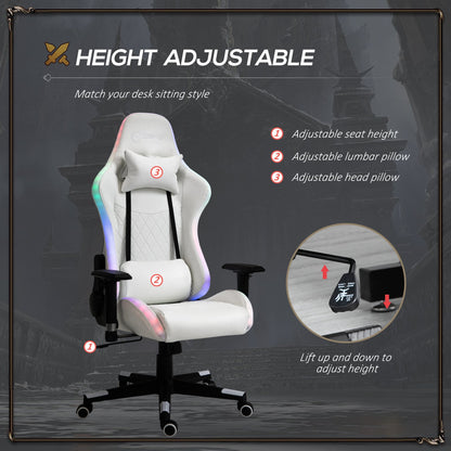 Vinsetto Gaming Chair w/ RGB LED Light, Arm, Swivel Home Office Gamer Recliner, White