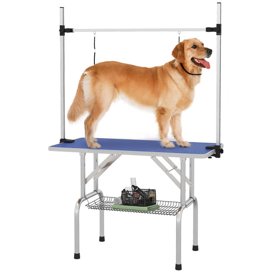 PawHut 42" Dog Grooming Table Adjustable Pet Cat Drying Beauty Table Rubber Top with 2 Loops Storage Basket Metal Blue