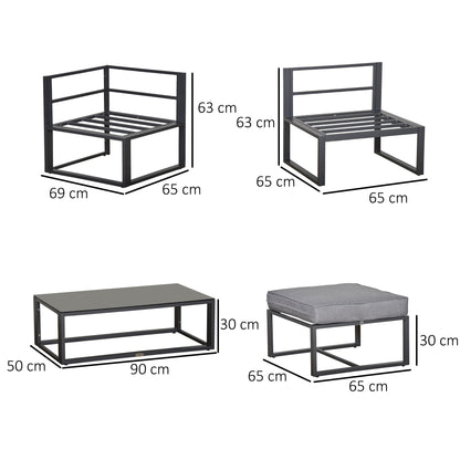 Outsunny 5 Piece Outdoor Patio Furniture Set, Sofa Couch with Glass Coffee Table, Cushioned Chairs and Metal Frame, for Balcony Garden Backyard, Grey