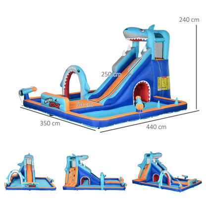 Outsunny 6 w 1 dmuchany zamek z motywem rekina, nadmuchiwany park wodny, ze zjeżdżalnią, basenem, trampoliną, dmuchawą, dla dzieci w wieku od 3 do 8 lat