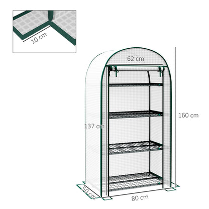 Outsunny 4 Tier Mini Greenhouse for Outdoor, Portable Gardening Plant Green House with Storage Shelf, Roll-Up Zipped Door, Metal Frame and PE Cover, 80 x 49 x 160cm, White
