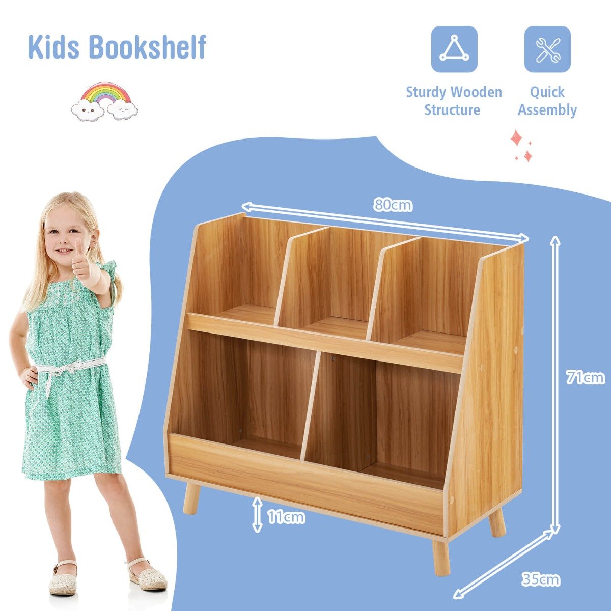 5-Cube Kids Bookshelf and Toy Organizer with Solid Wood Legs and Anti-Tipping Kits-Natural