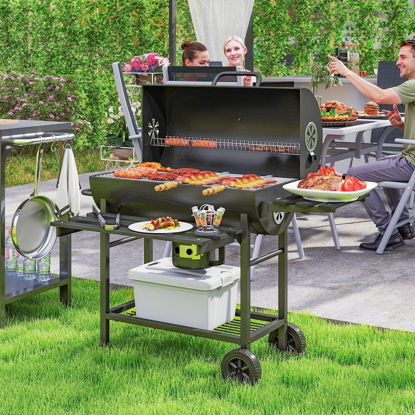 Outsunny Charcoal BBQ Grill with Foldable Front Side Shelf, Portable Barbecue Smoker with Warming Rack, Bottom Shelf, Lid, Temperature Gauge, Wheels for Outdoor Cooking Garden Party, Black