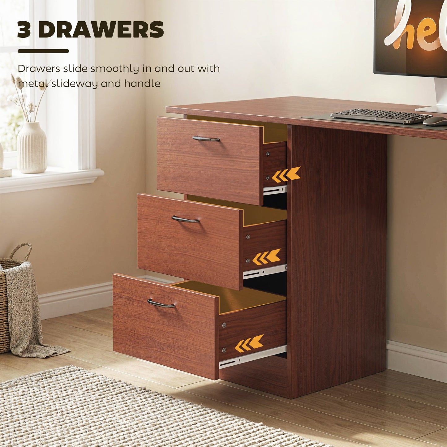HOMCOM Computer Desk, Writing Table, PC Workstation with 3 Storage Shelves and Drawers, Handle, for Home Office, Walnut Brown