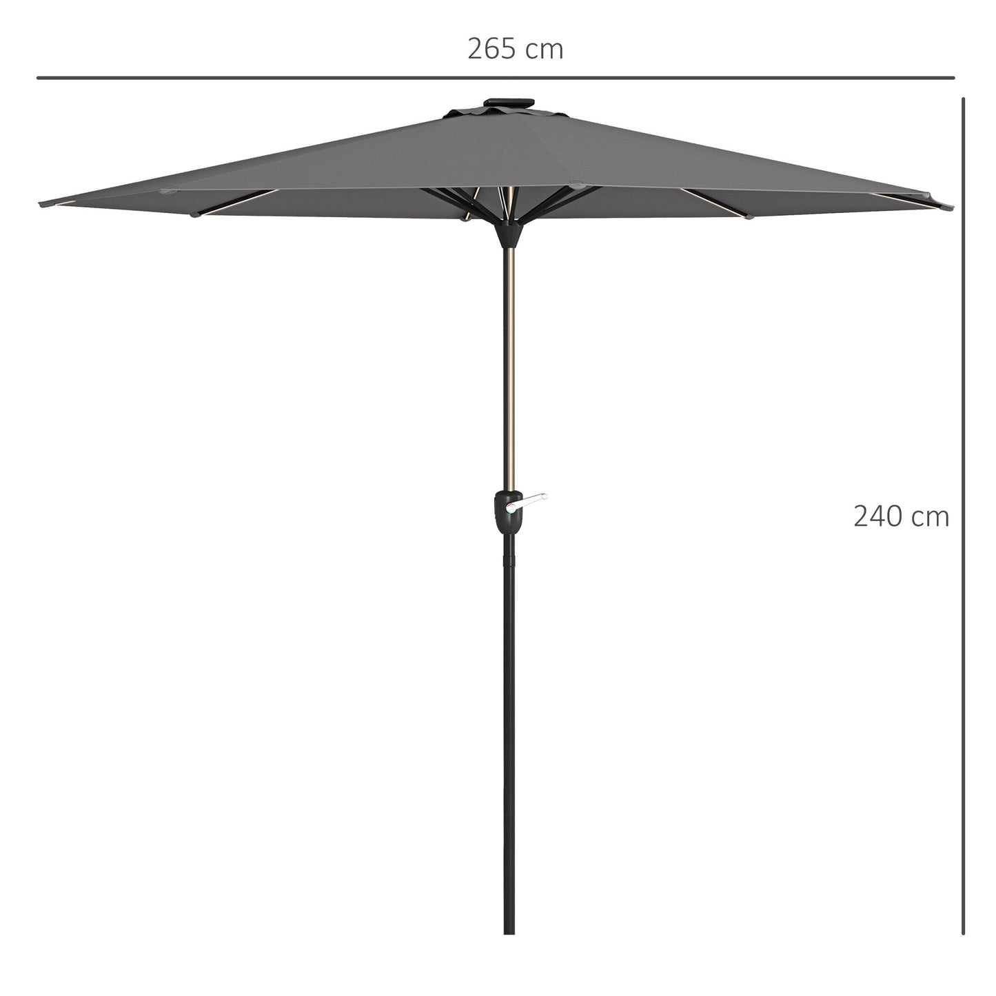 Outsunny 2.65m Garden Parasol, with LED Lights - Dark Grey