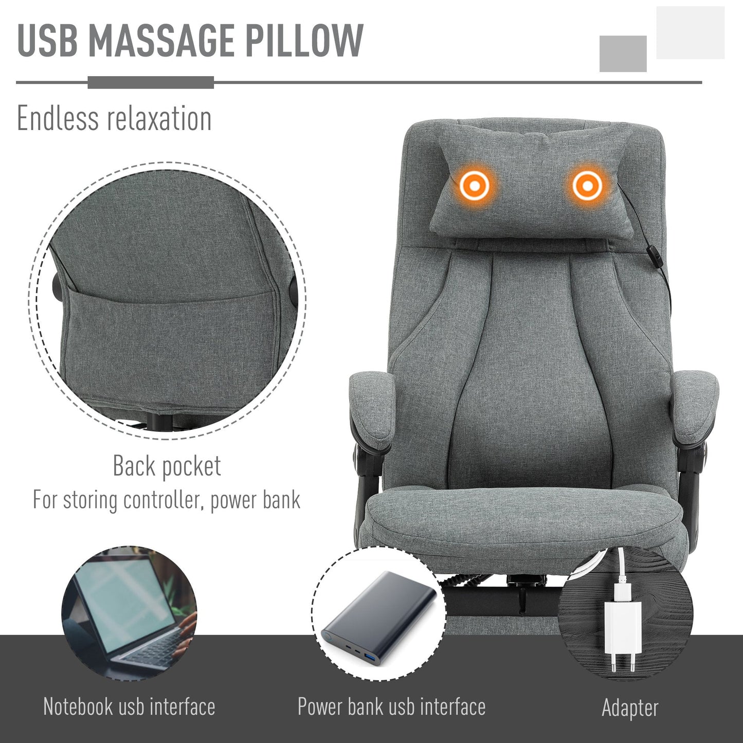 Vinsetto Office Chair 2-Point Removable Vibration Massage Pillow Executive Ergonomic USB Power Adjustable Height 360° Swivel - Grey