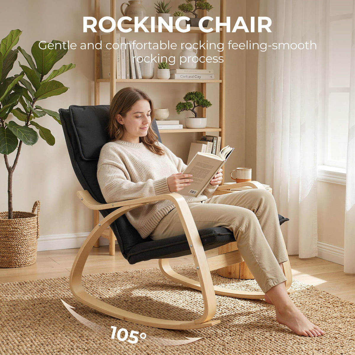 HOMCOM Lounge Chair, Comfortable Relax Rocking Chair with Headrest, 67W x 92D x 89H cm, Black