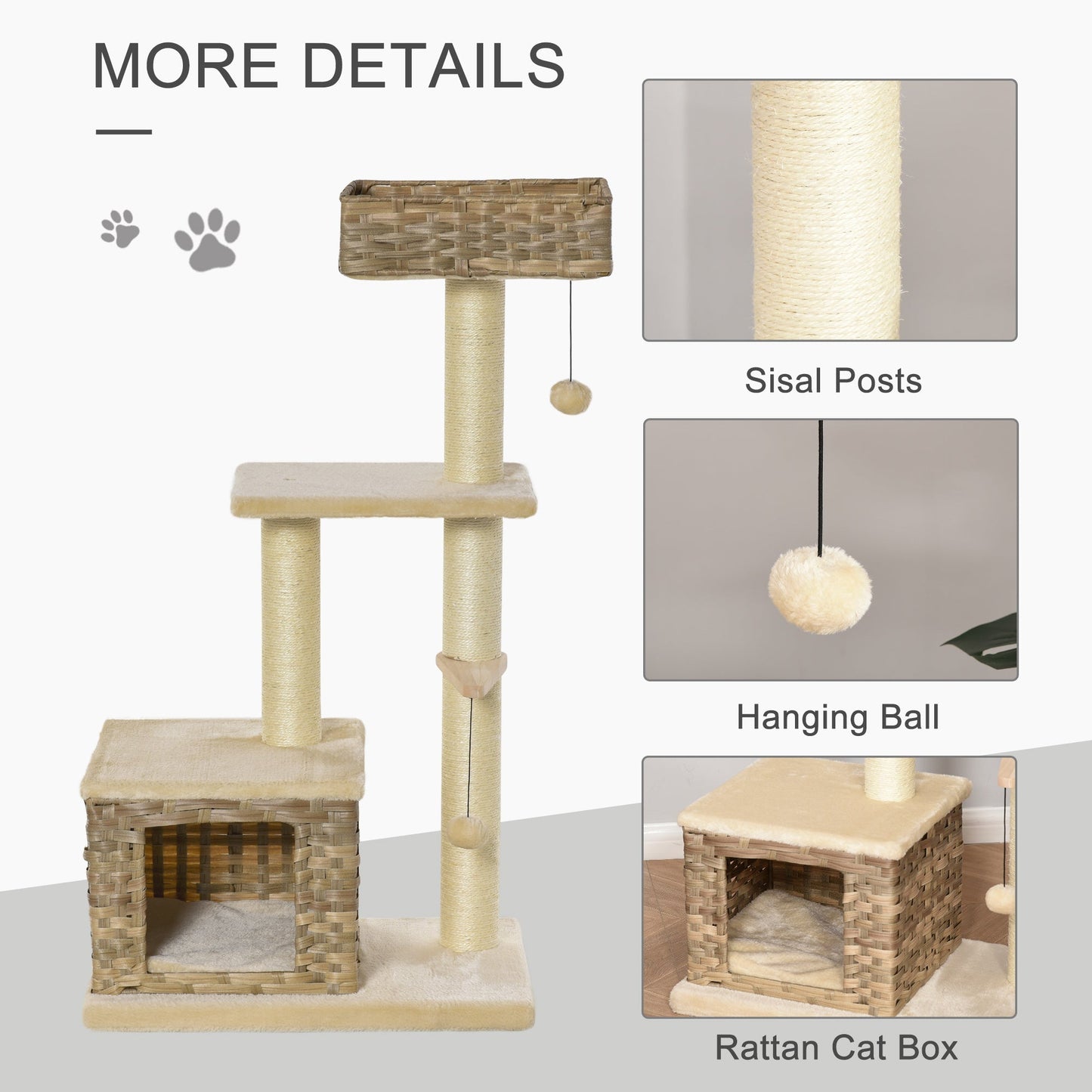 PawHut Cat Tree Tower Climb Activity Centre Kitten Rattan 60 x 40 x 109cm