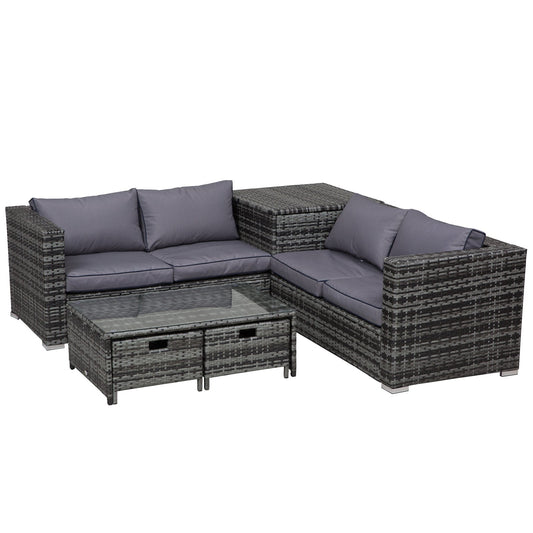 Outsunny 4 Pcs Rattan Wicker Garden Furniture Patio Sofa Storage & Table Set w/ 2 Drawers Coffee Table,Great Cushioned 4 Seats Corner Sofa - Grey