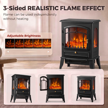 HOMCOM Electric Fireplace Stove, 1000/2000W 3-Sided Freestanding Fireplace Heater with 3D Flame Log, Thermostat, Black