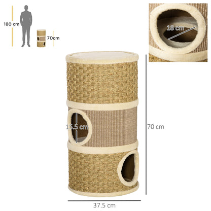 PawHut Cat Scratching Barrel Kitten Tree Tower Pet Furniture Climbing Frame Covered with Sisal and Seaweed Rope Cozy Platform Soft Plush