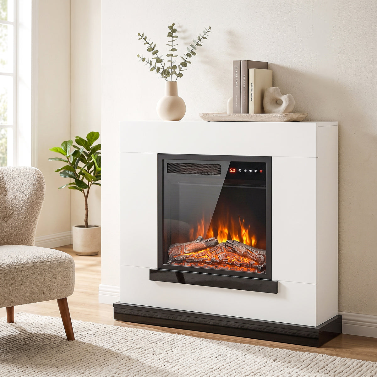 HOMCOM Freestanding Electric Fireplace Suite, Electric Fire and Surround, Adjustable Flame Effect, Remote, Timer, 900W/1800W