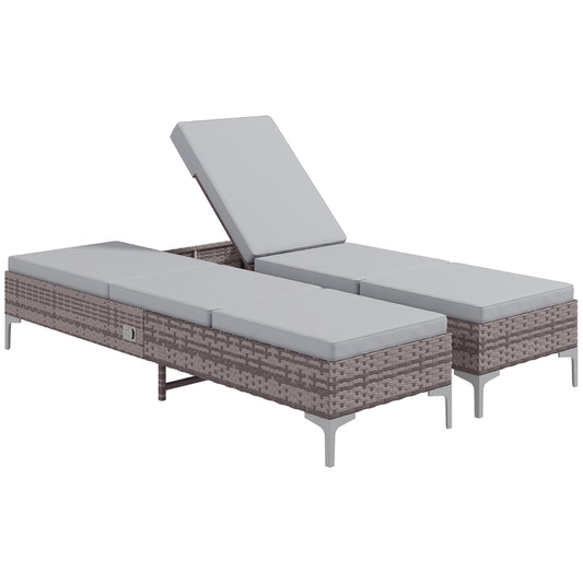 Outsunny Outdoor PE Rattan Leżak Zestaw 2, Wielopozycyjny Regulowany Pojedynczy Leżak Leżak z Wyjmowaną i Pralną Poduszką, Na Patio, Do Ogrodu, Jasnoszary