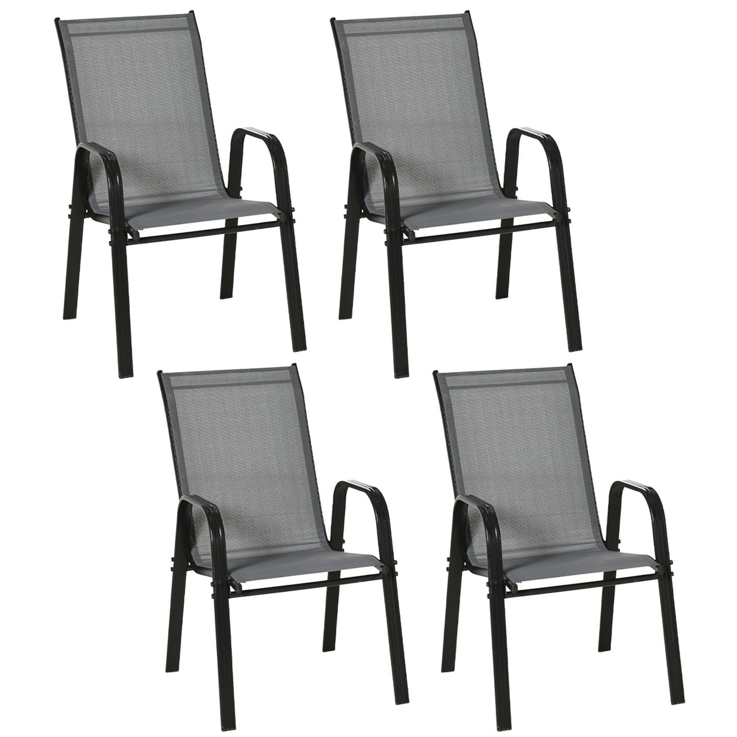 Outsunny 4 Pieces Garden Chairs, Stackable Outdoor Chairs with High Backrest and Armrest, Breathable Mesh Fabric Dining Chair Set of 4, Dark Grey