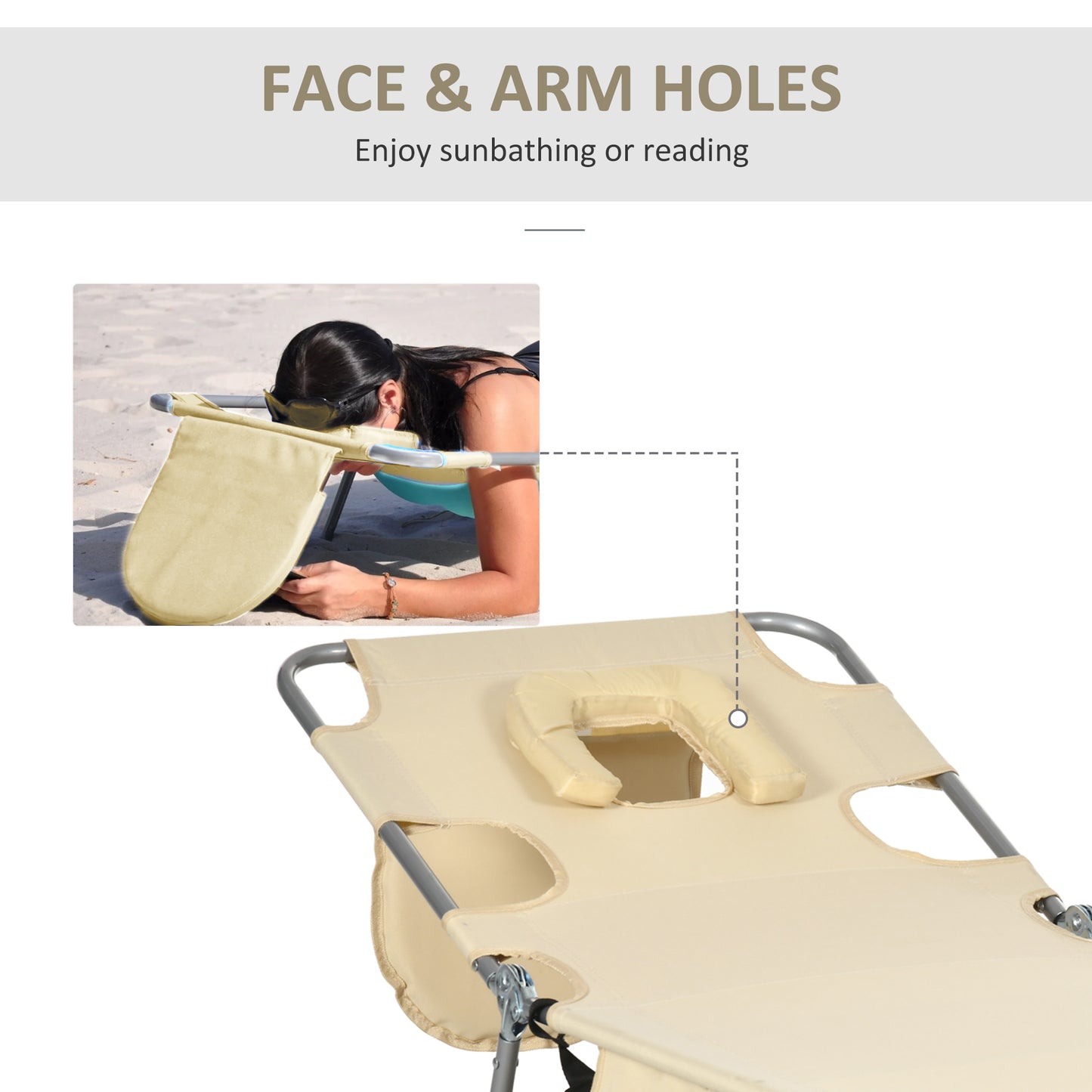 Outsunny Foldable Sun Lounger, Beach Chaise Lounge with Reading Hole, Arm Slots, 5-Position Adjustable Backrest, Side Pocket, Pillow for Garden, Beach, Pool, Beige