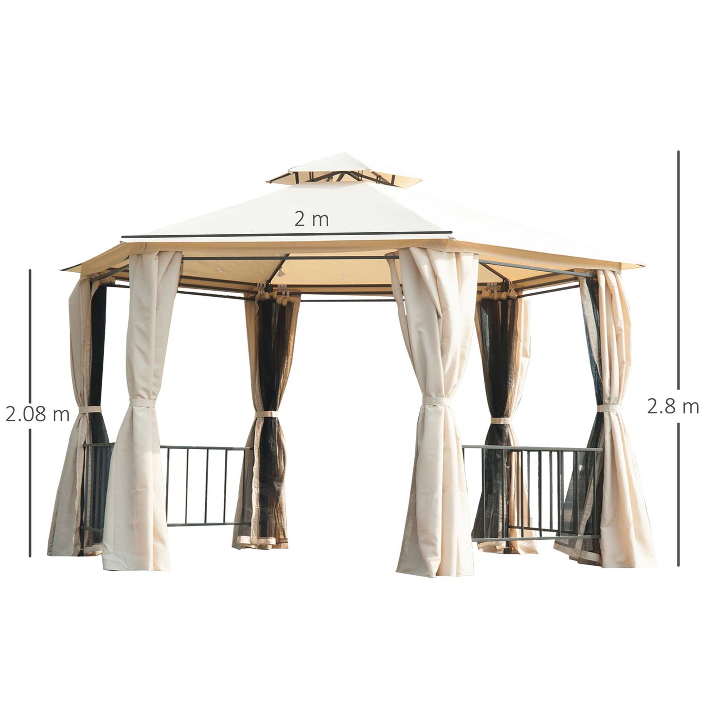 خيمة Outsunny Hexagon Gazebo Patio Canopy Party، مأوى للحديقة في الهواء الطلق مع سقف من طبقتين ولوحة جانبية - بيج