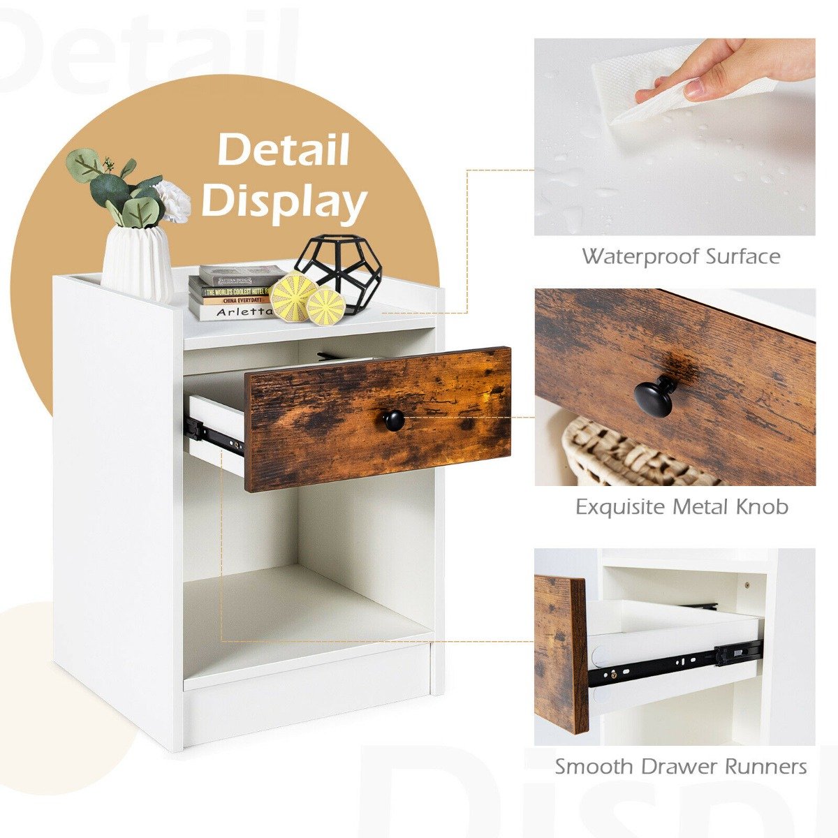 Set of 2 Bedside Table with a Drawer and Open Shelf-WHite