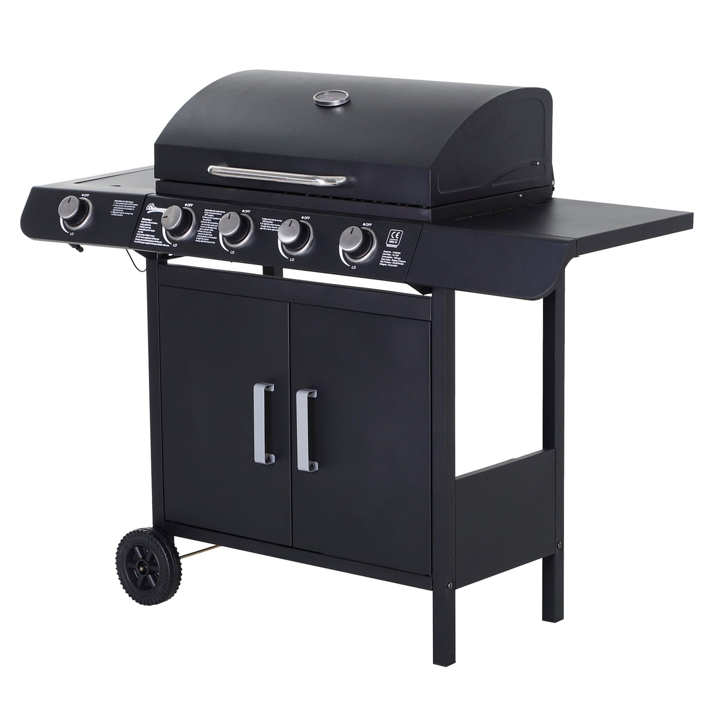 Outsunny 4+1 Gas Burner Grill BBQ Trolley Backyard Garden Smoker Side Burner Barbecue w/ Storage Side Table Wheels