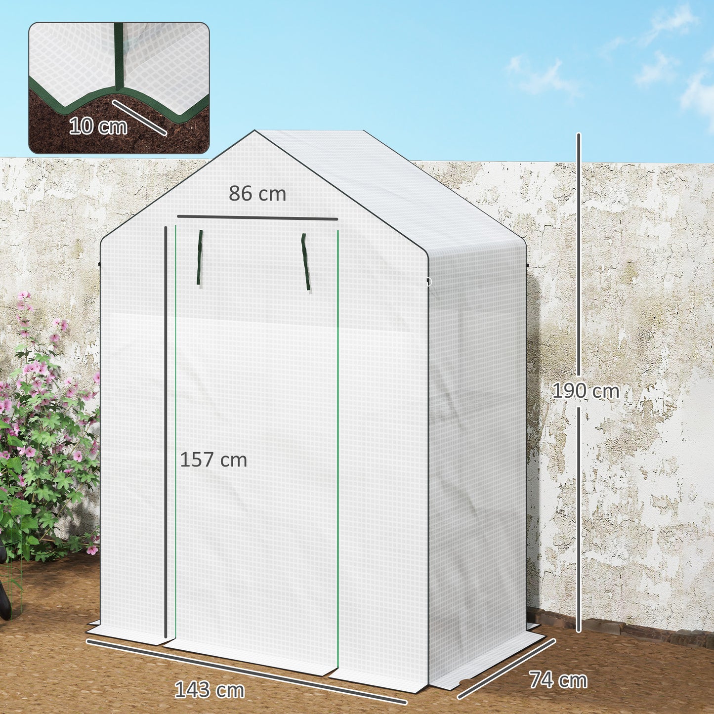 Outsunny 143 x 74cm Walk-In Greenhouse z półkami - biały