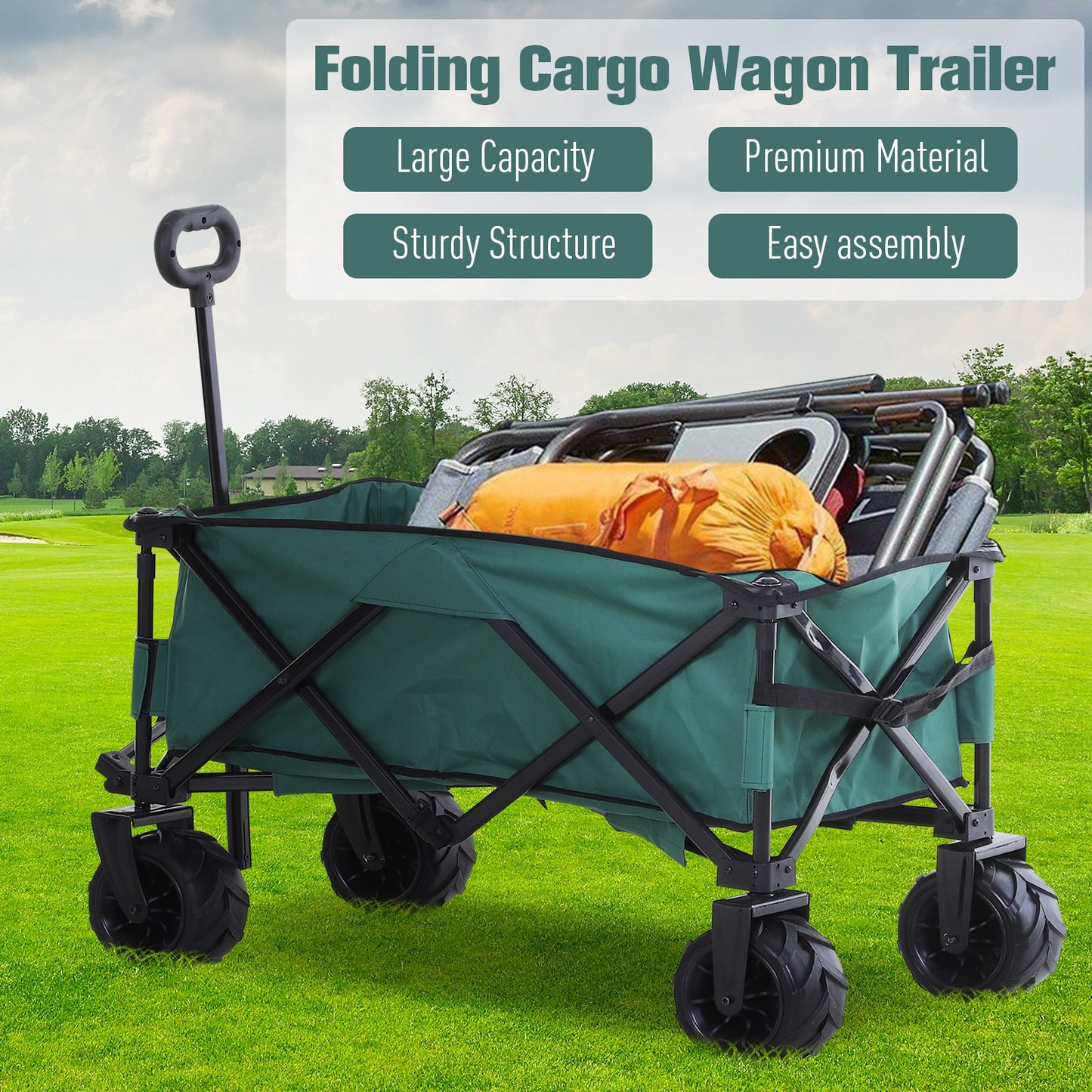 Outsunny 140L Festival Trolley on Wheels, Folding Camping Trolley Cart with Telescopic Handle, Big Wheels for Outdoor Garden Beach Fishing, Green