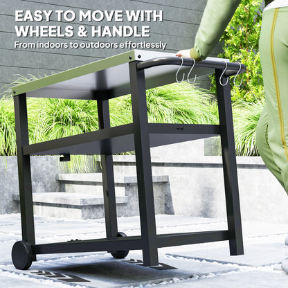 Outsunny Outdoor Grill Dining Cart 3-półkowy ruchomy stół do pieczenia pizzy ze stalowym blatem, przenośny wózek do grilla, stacja do przygotowywania żywności na zewnątrz, kuchnia, stacja do grillowania z haczykami, kółka, uchwyt, antracytowy