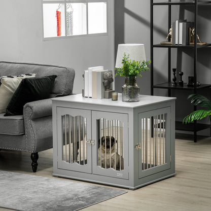 PawHut Dog Crate End Table with Three Doors, Furniture Style Dog Crate for Medium Dogs with Locks & Latches, Grey