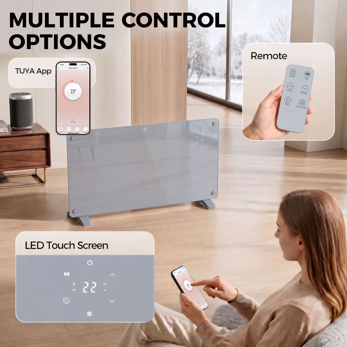 HOMCOM 2000W Smart Panel Heater Wall Mounted & Freestanding, Electric Heater with Weekly Timer, Open Window & Anti-Frost, Grey
