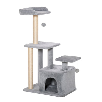 PawHut Cat Tree Tower for Indoor Cats 114cm Climbing Activity Centre Kitten with Sisal Scratching Post Perch Hanging Ball Condo Toy Light Grey