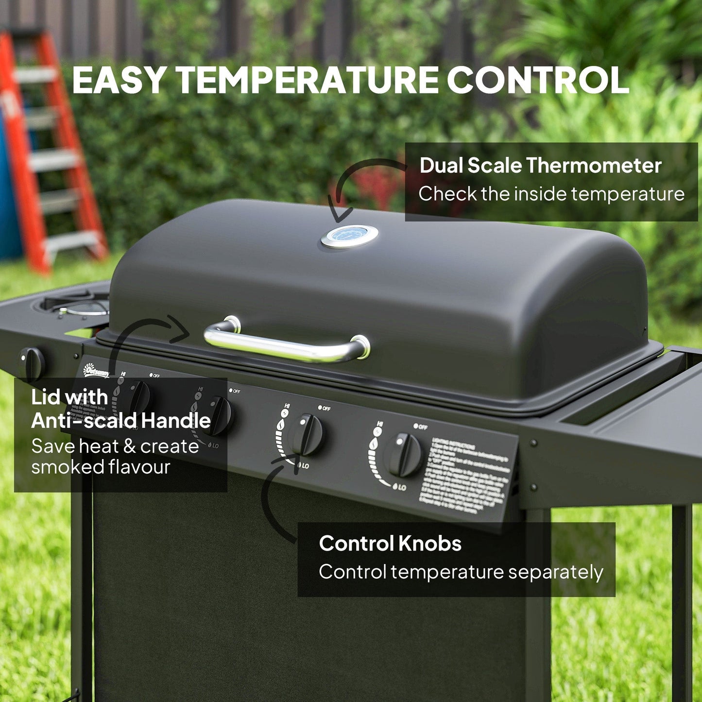Outsunny 4+1 Burner Gas BBQ Grill, Portable Gas Barbecue Grill with Built-in Thermometer, Lid, Side Table, Shelf, Spice Rack, Wheels, Grease Cup for Garden Party Outdoor Cooking, Black