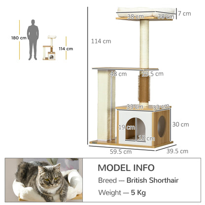 PawHut Cat Tree with Scratching Posts, Cat House, Cat Bed, Perches, 59.5 x 39.5 x 114 cm, Oak Tone