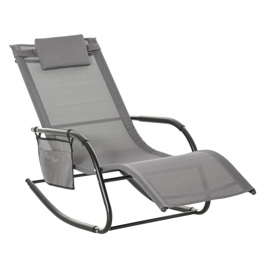 Outsunny Breathable Mesh Rocking Chair Patio Rocker Lounge for Indoor & Outdoor Recliner Seat w/ Removable Headrest for Garden and Patio Grey