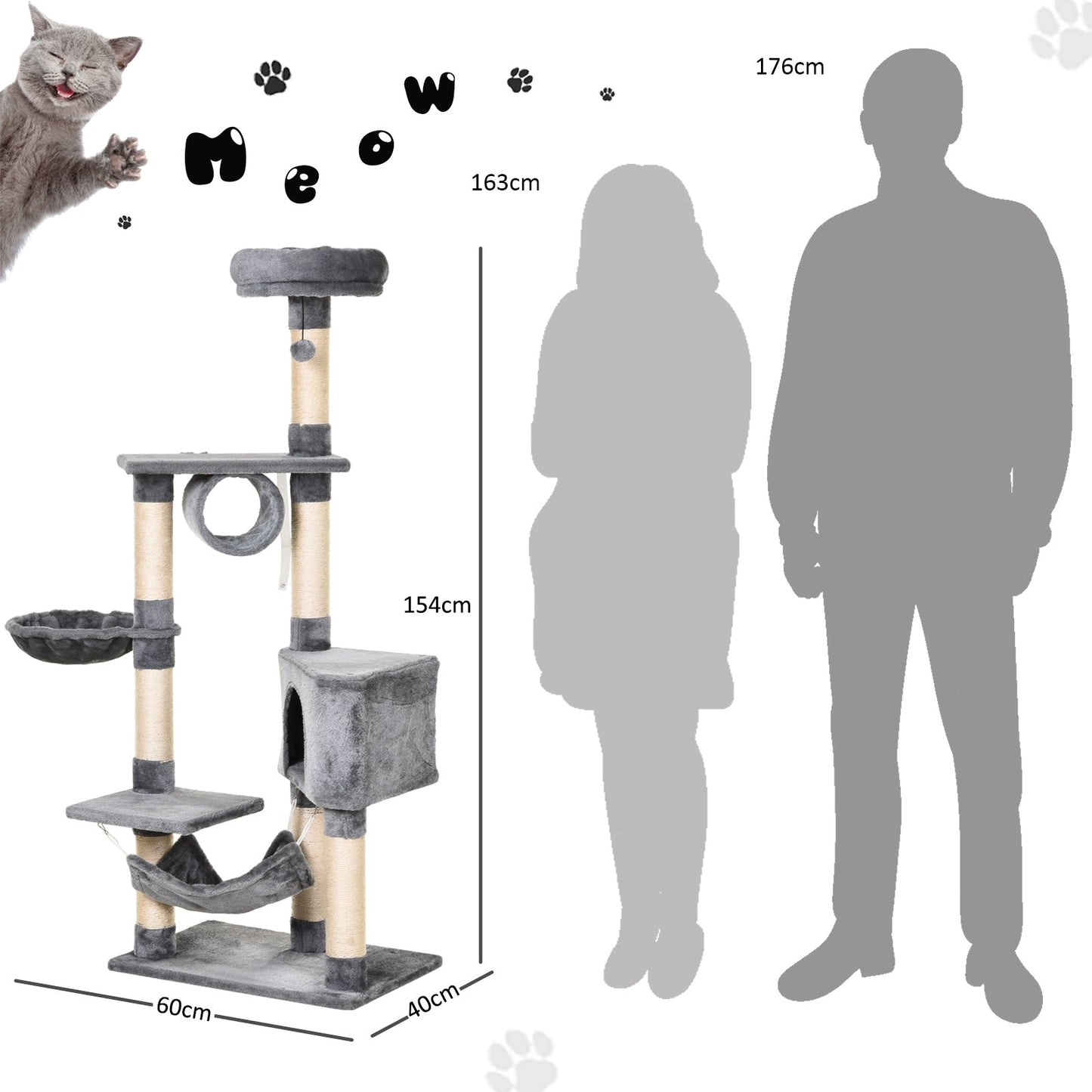 برج مسكن على شكل شجرة قطط من PawHut، ارتفاع متعدد المستويات 150 سم، حامل نشاط القطط مع ألعاب وأعمدة خدش مختلفة