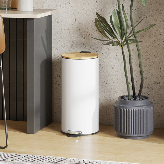 HOMCOM Kitchen Bin, 30 Litre Pedal Rubbish Bin with Removable Bucket, White and Natural