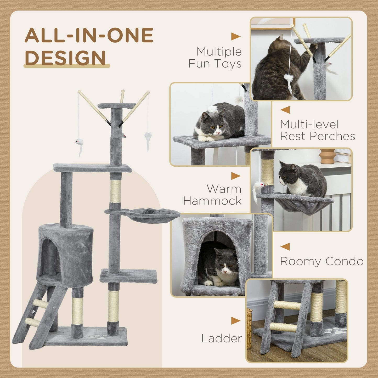 PawHut Cat Scratching Post Cat Tree for Indoor Cats Climbing Tower Scratcher w/ Ladder Kitty Activity Centre 135cm Grey