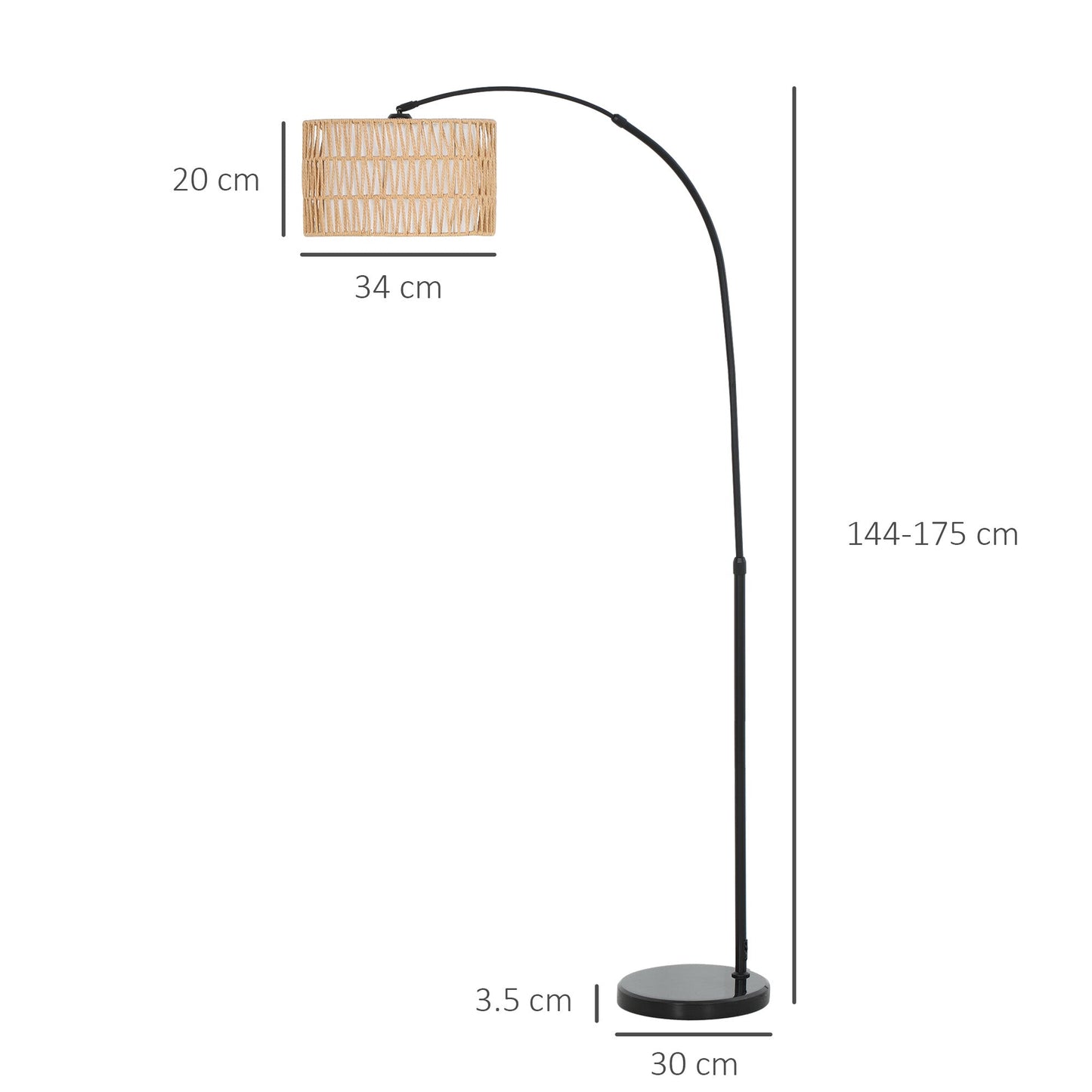 HOMCOM Rattanowa lampa podłogowa do salonu, lampa stojąca Farmhouse Arc z dwuwarstwowym kloszem i przełącznikiem nożnym, regulowana wysokość minimalistycznego klosza na wysokim słupku do sypialni, biura, czarna