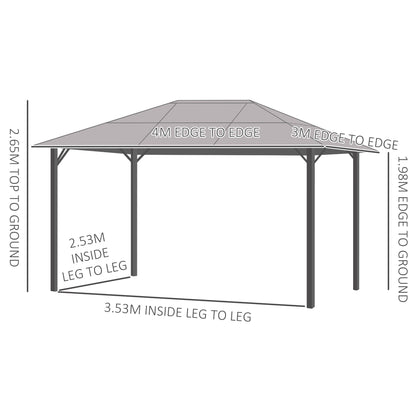 Outsunny 3 x 4m Hardtop Gazebo Canopy with Polycarbonate Roof, Aluminium Frame, Permanent Pavilion Garden Gazebo with Netting and Curtains - Grey