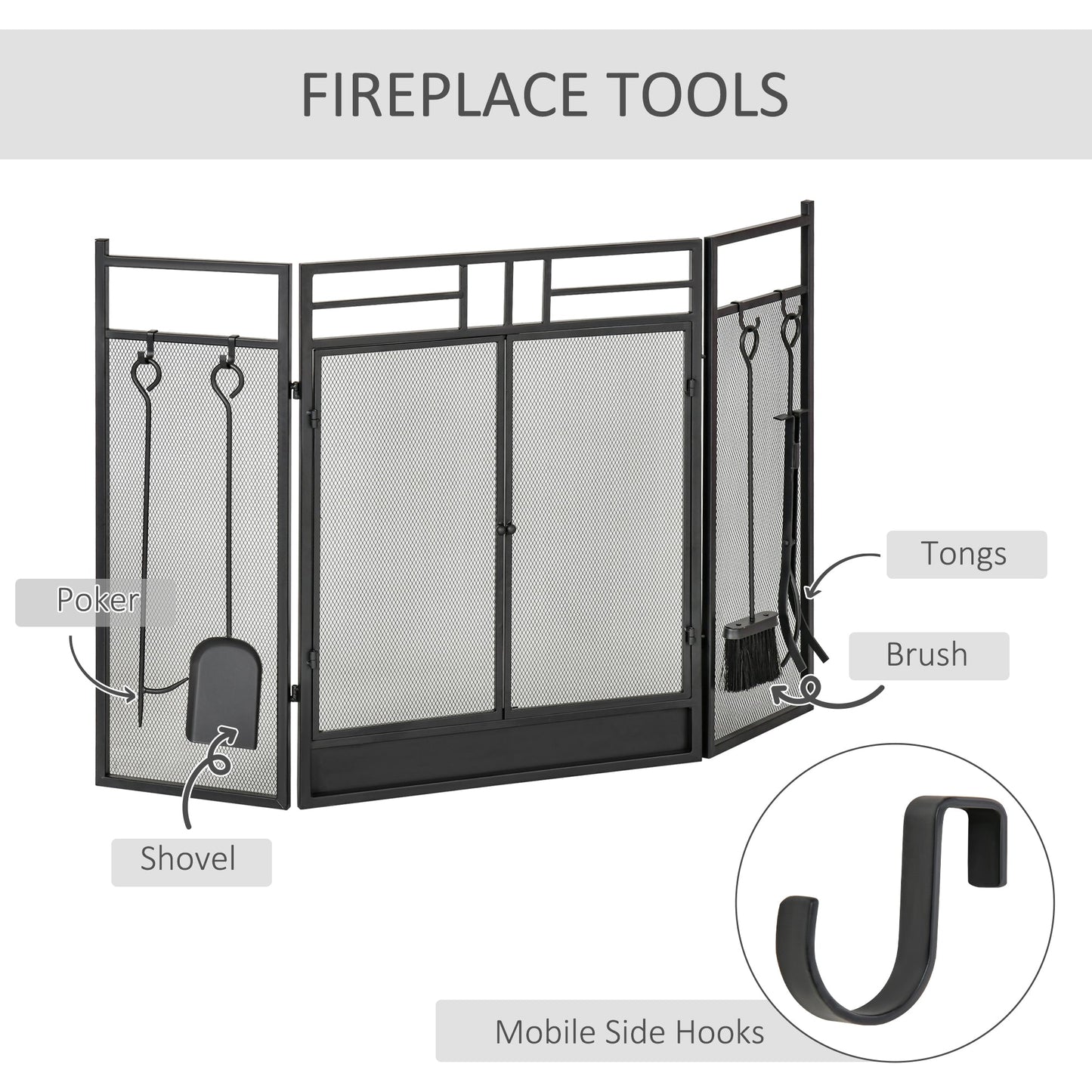 HOMCOM 3 Panel Folding Fireplace Screen with 4 Tools Set, Steel Mesh Spark Guard with Double Door for Open Fire, Log Burner, 122W x 80H cm, Black