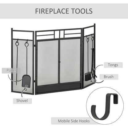 HOMCOM 3 Panel Folding Fireplace Screen with 4 Tools Set, Steel Mesh Spark Guard with Double Door for Open Fire, Log Burner, 122W x 80H cm, Black