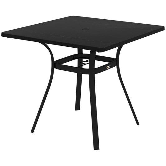 Outsunny Steel Frame Garden Table with Metal Tabletop, Foot Pads, Umbrella Hole, Modern Design, for Balcony, Porch, Black