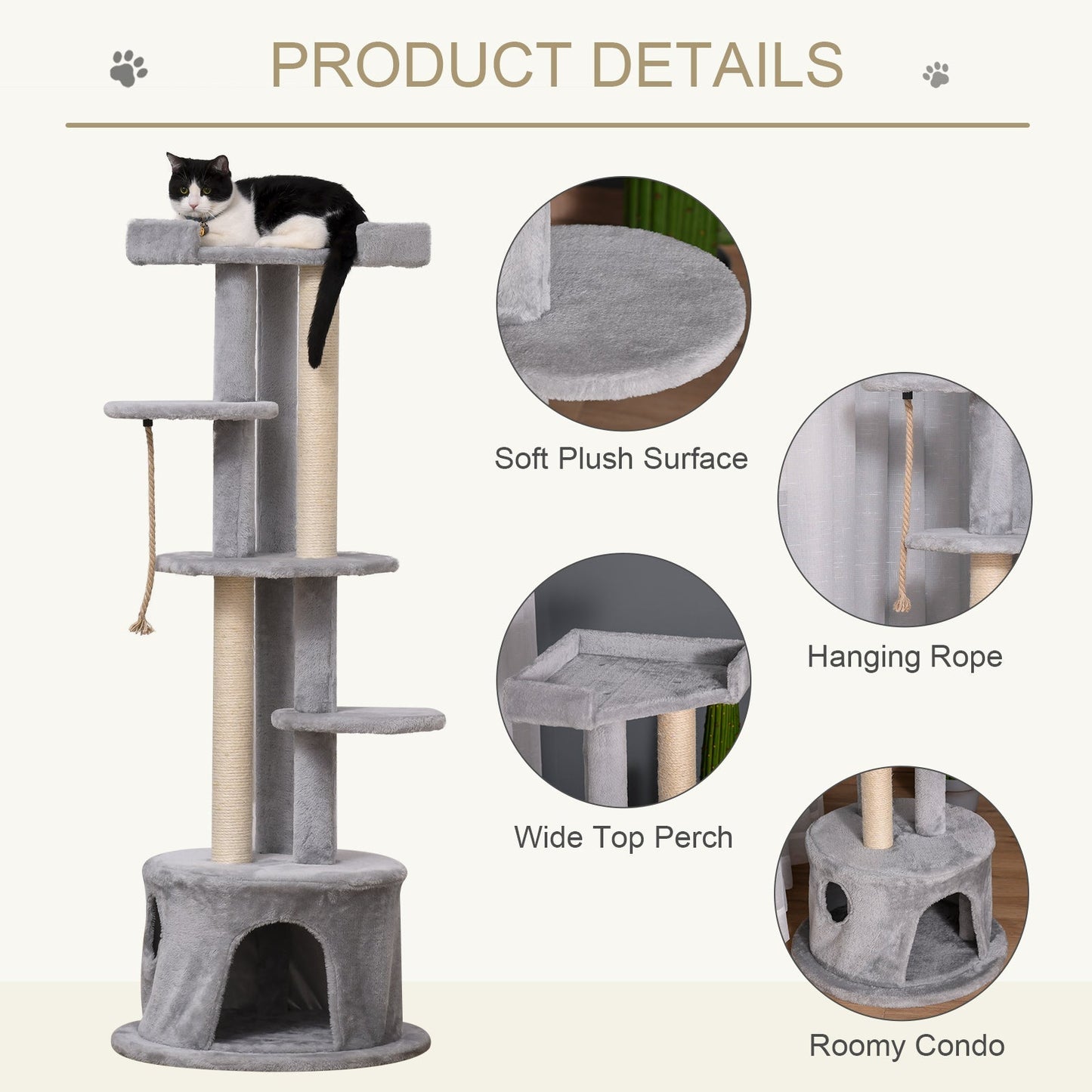 PawHut Cat Tree Kitten Tower Multi-level Activity Centre Pet Furniture with Scratching Post Condo Hanging Ropes Plush Perches Grey