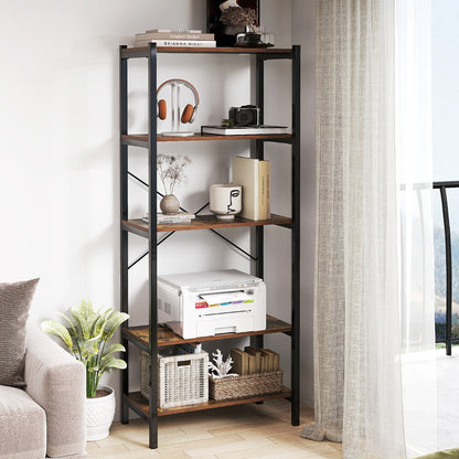 5-Tier Bookshelf Bookcase with Metal Frame and Dual Anti-Tipping Kits-Rustic Brown