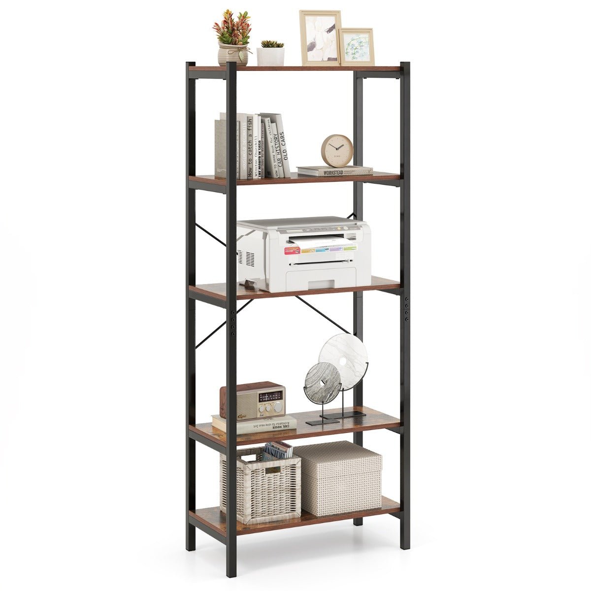5-Tier Bookshelf Bookcase with Metal Frame and Dual Anti-Tipping Kits-Rustic Brown