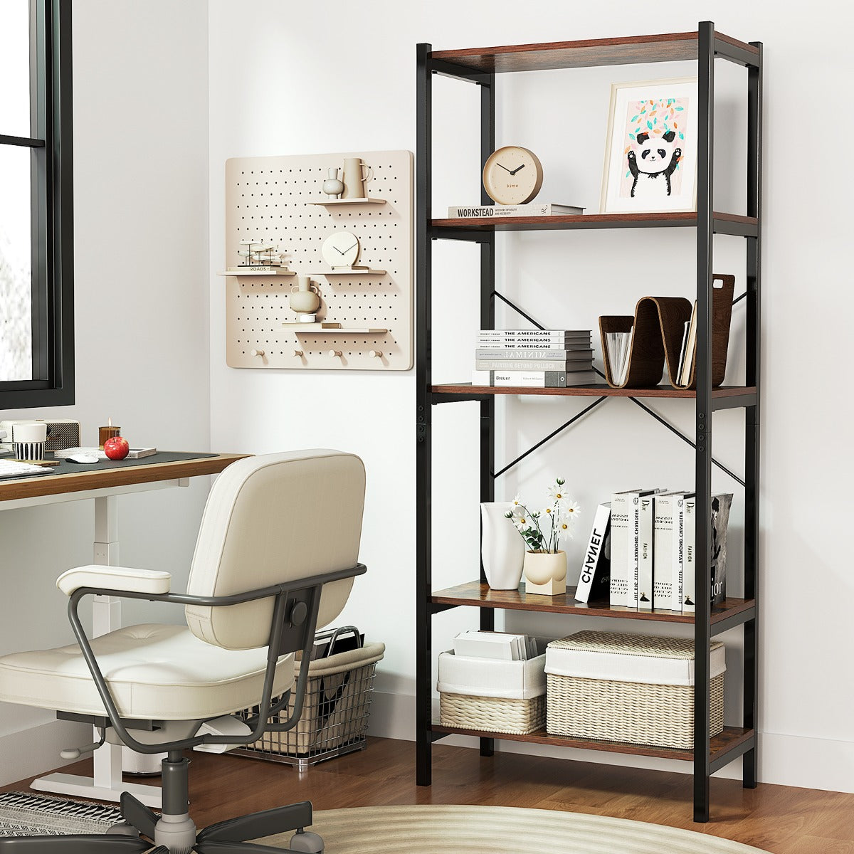 5-Tier Bookshelf Bookcase with Metal Frame and Dual Anti-Tipping Kits-Rustic Brown