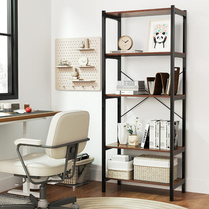 5-Tier Bookshelf Bookcase with Metal Frame and Dual Anti-Tipping Kits-Rustic Brown
