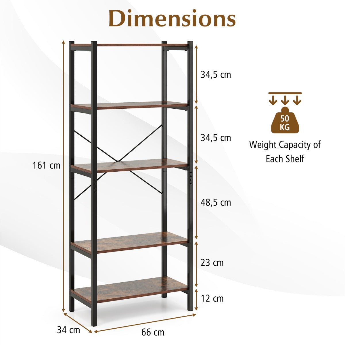 5-Tier Bookshelf Bookcase with Metal Frame and Dual Anti-Tipping Kits-Rustic Brown